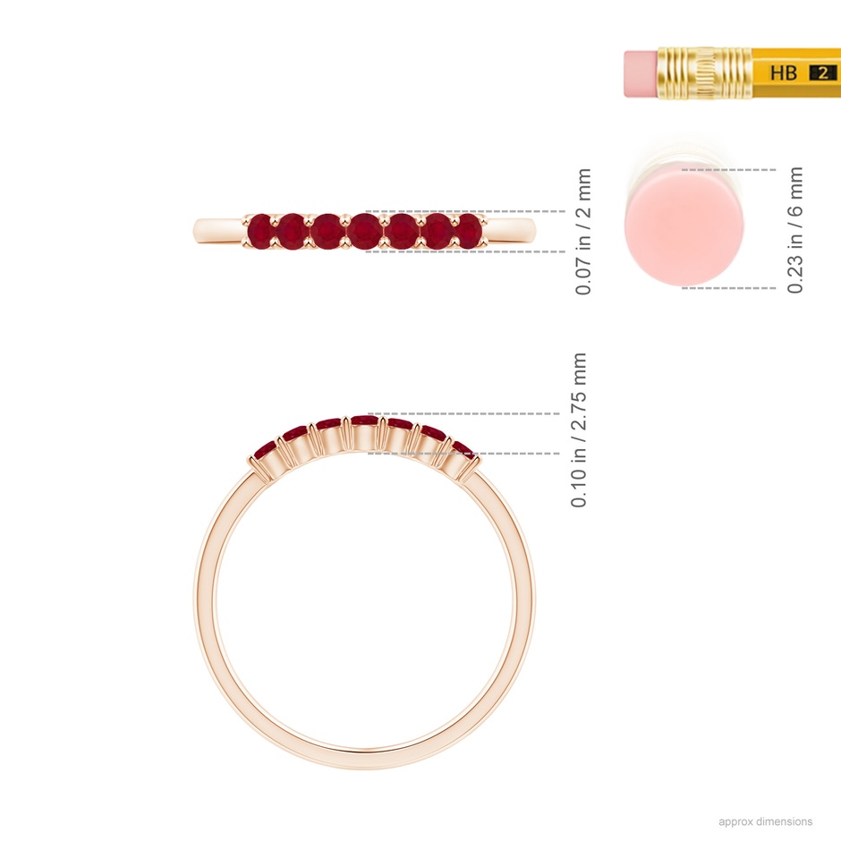 2mm AA Half Eternity Seven Stone Ruby Wedding Band in Rose Gold ruler