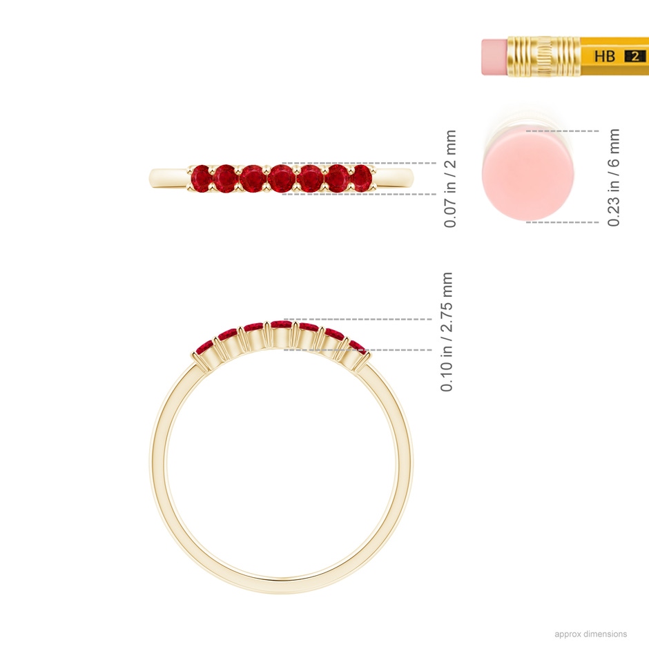 2mm AAA Half Eternity Seven Stone Ruby Wedding Band in Yellow Gold ruler