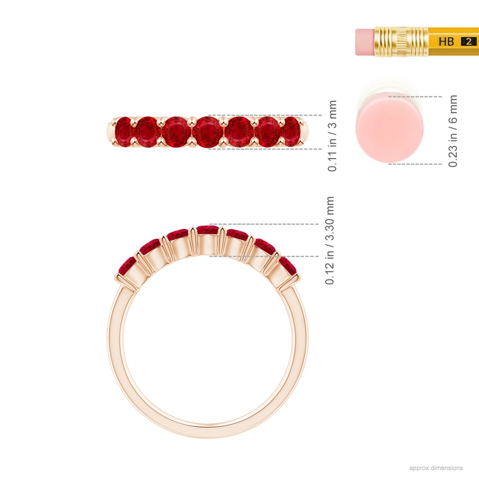 3mm AAA Half Eternity Seven Stone Ruby Wedding Band in Rose Gold ruler