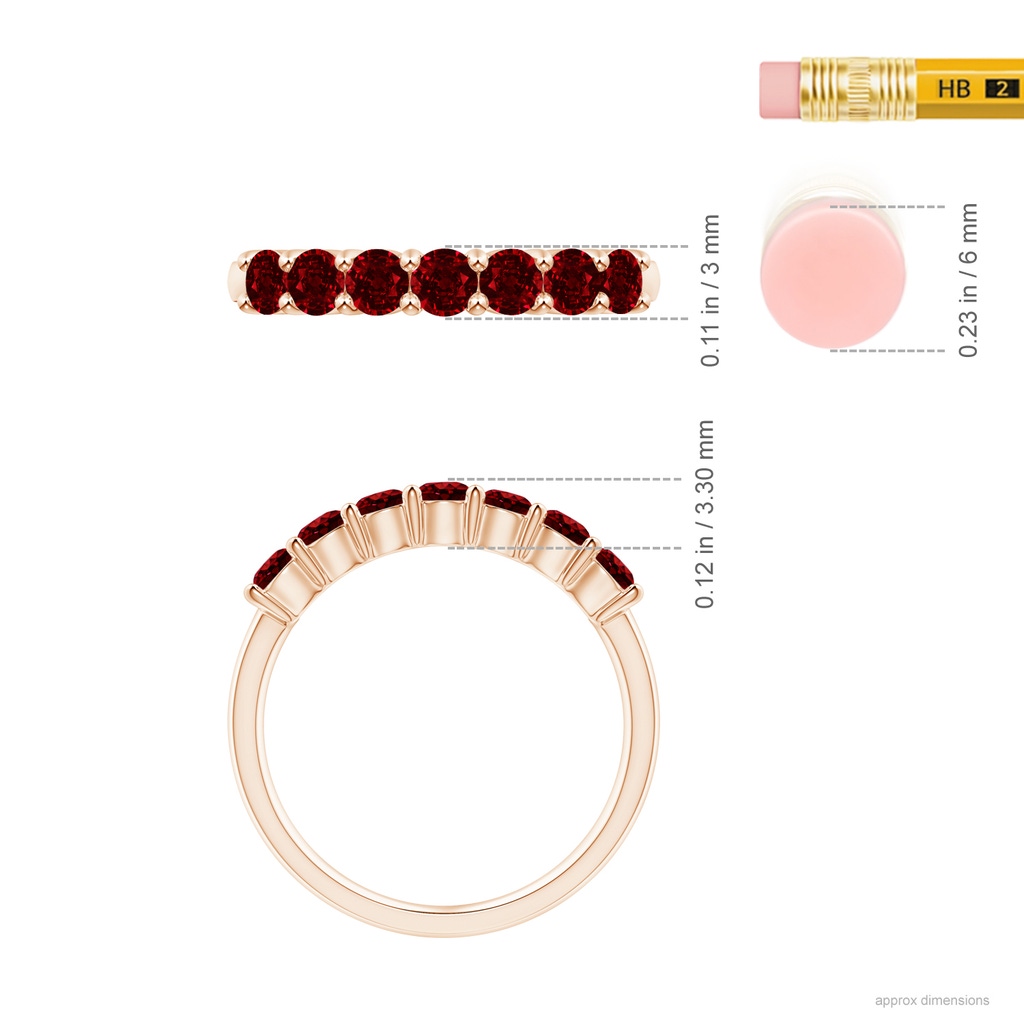 3mm AAAA Half Eternity Seven Stone Ruby Wedding Band in Rose Gold Ruler