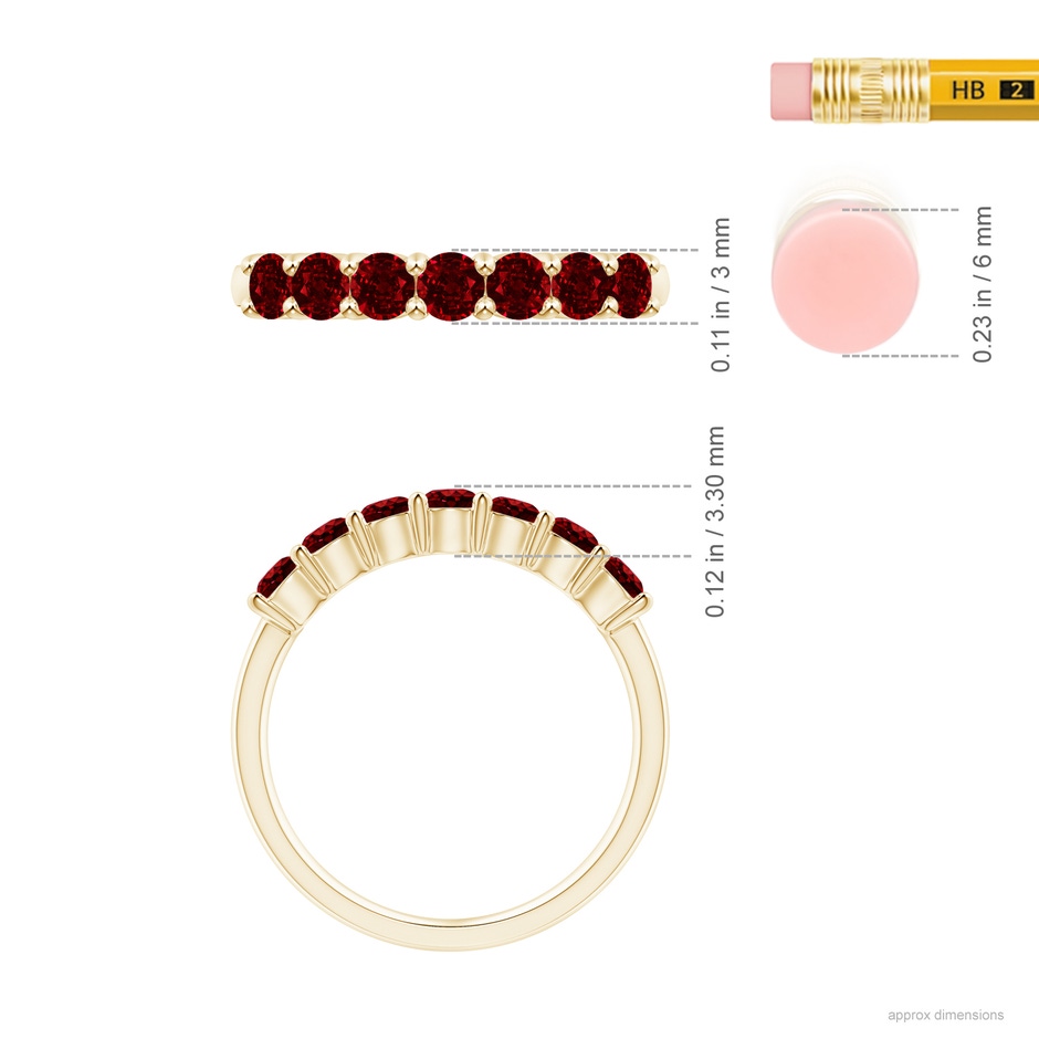 3mm AAAA Half Eternity Seven Stone Ruby Wedding Band in Yellow Gold ruler