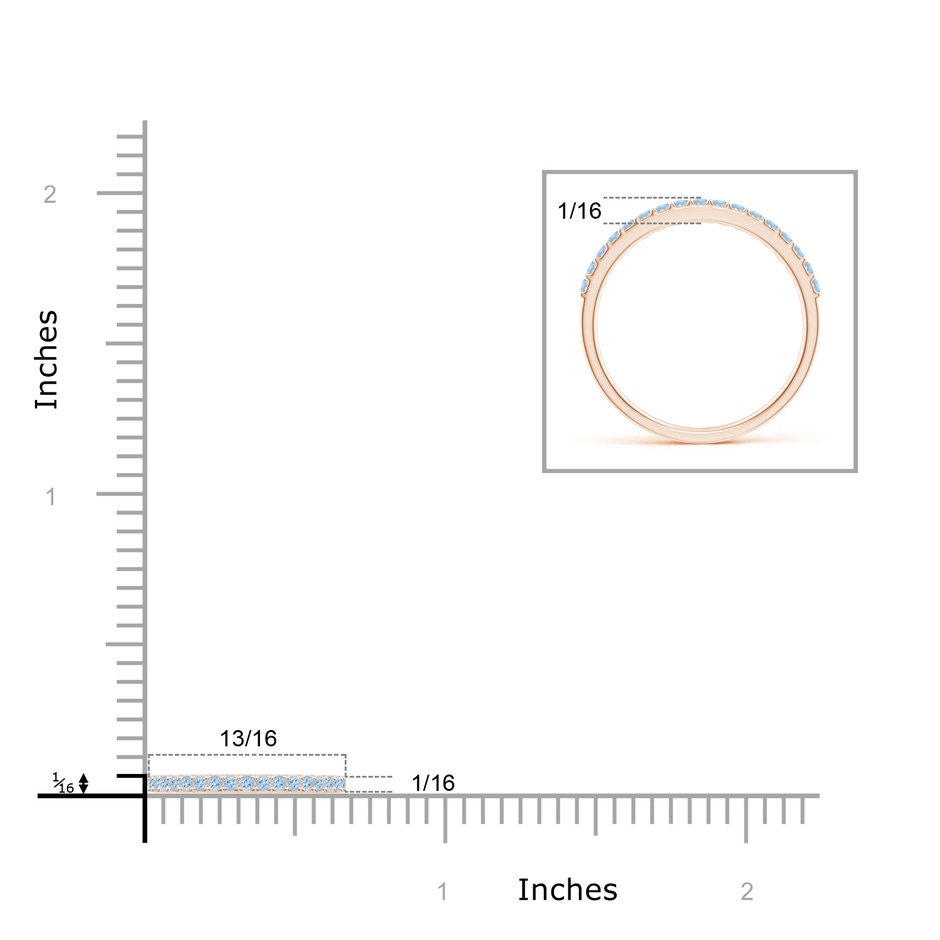 1.5mm AA Prong Set Half Eternity Round Aquamarine Wedding Band in Rose Gold ruler