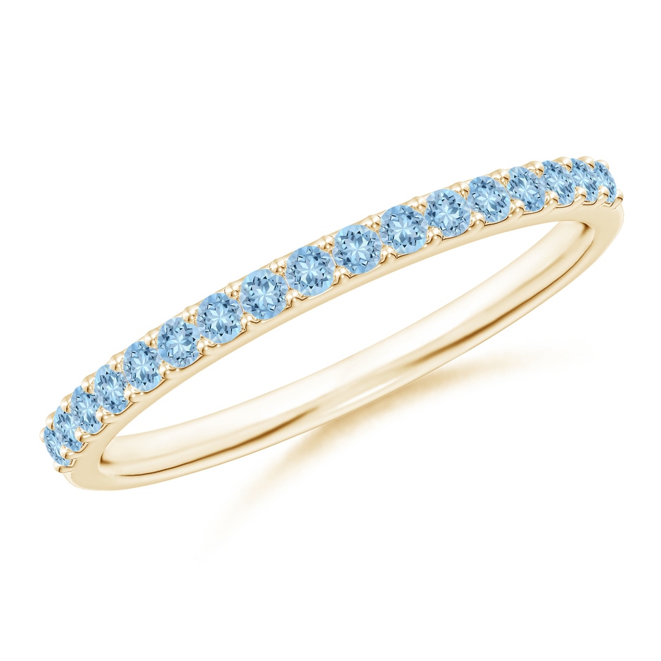 1.5mm AAA Prong Set Half Eternity Round Aquamarine Wedding Band in Yellow Gold 