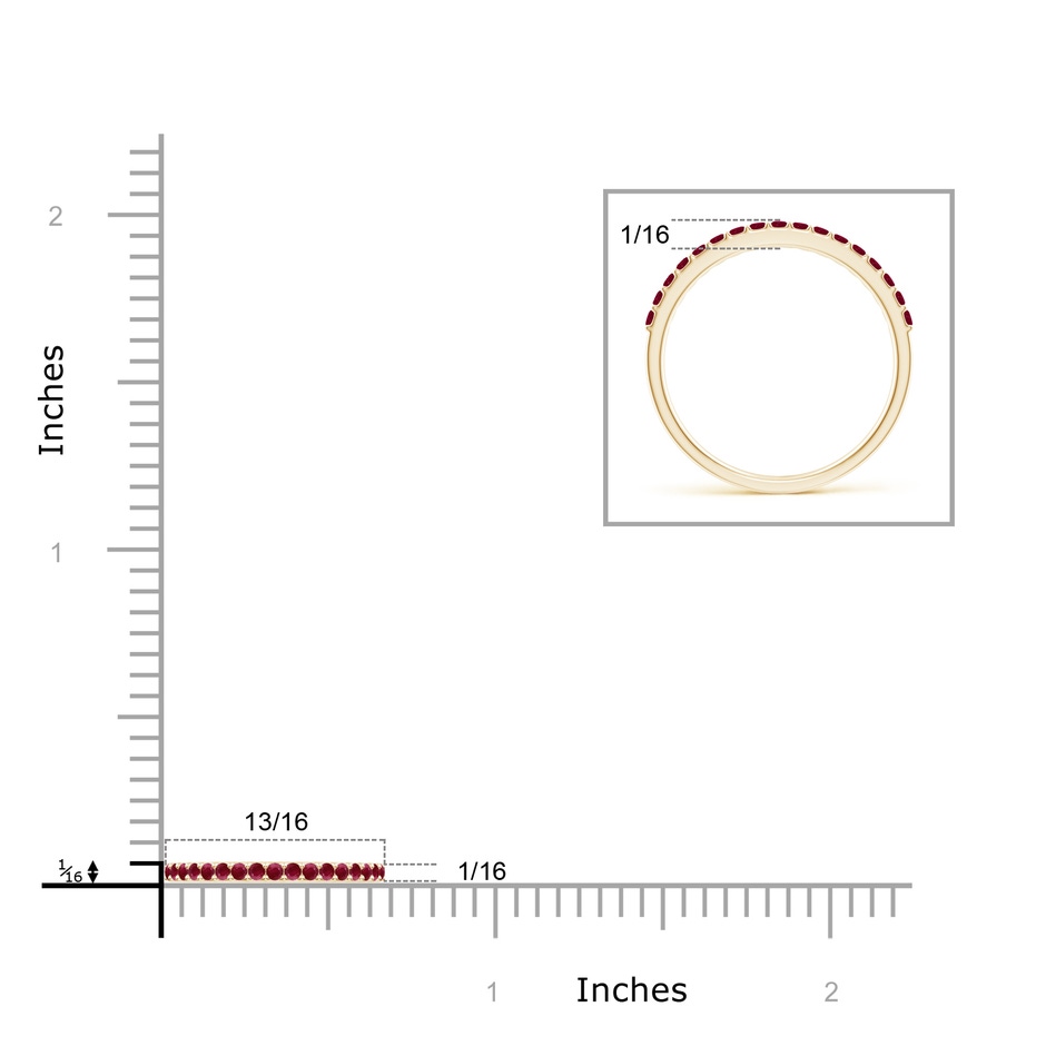 1.5mm A Prong Set Half Eternity Round Ruby Wedding Band in Yellow Gold ruler