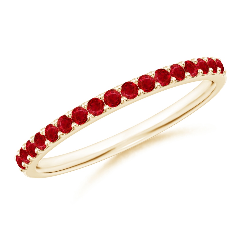 1.5mm AAA Prong Set Half Eternity Round Ruby Wedding Band in Yellow Gold 