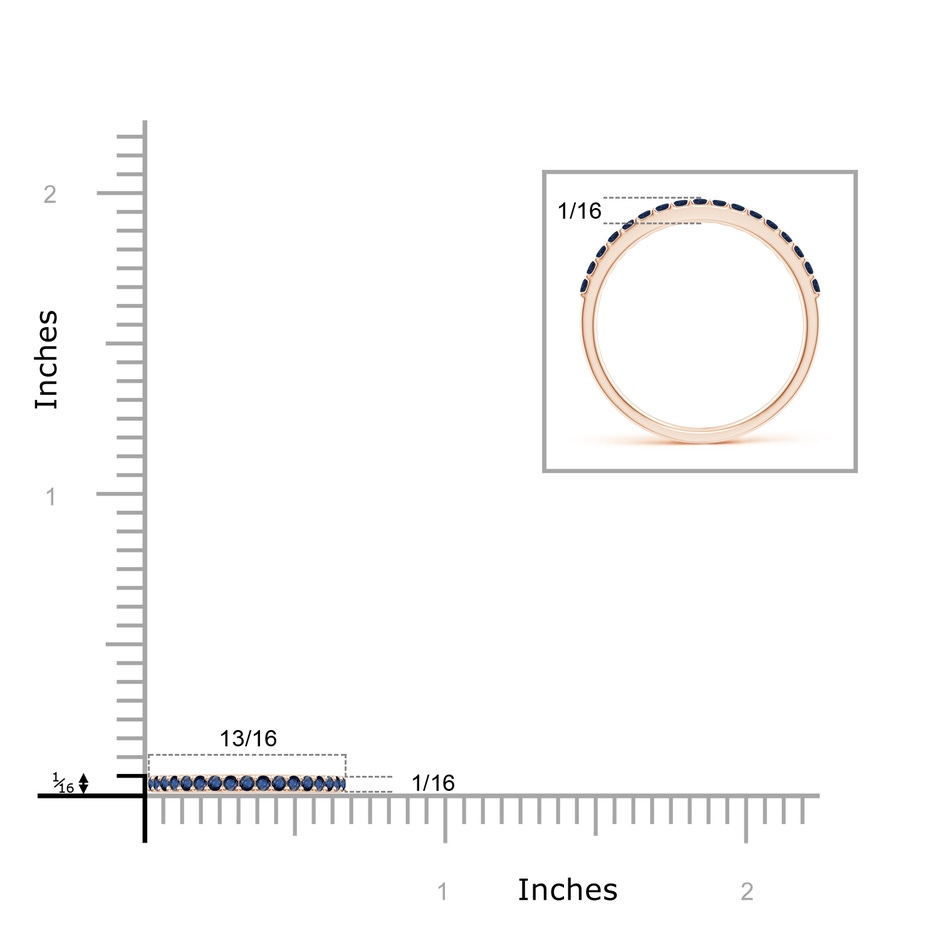 1.5mm AA Prong Set Half Eternity Round Blue Sapphire Wedding Band in Rose Gold ruler