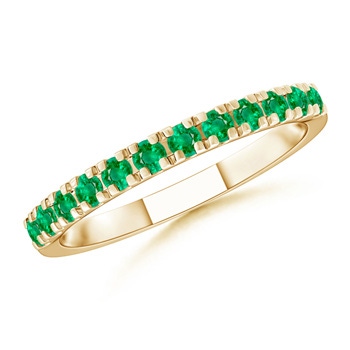 2mm AAA Unique Prong Emerald Half Eternity Wedding Band in Yellow Gold