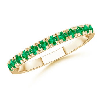 2mm AAA Unique Prong Emerald Half Eternity Wedding Band in Yellow Gold