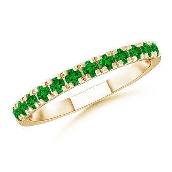 2mm AAAA Unique Prong Emerald Half Eternity Wedding Band in Yellow Gold 