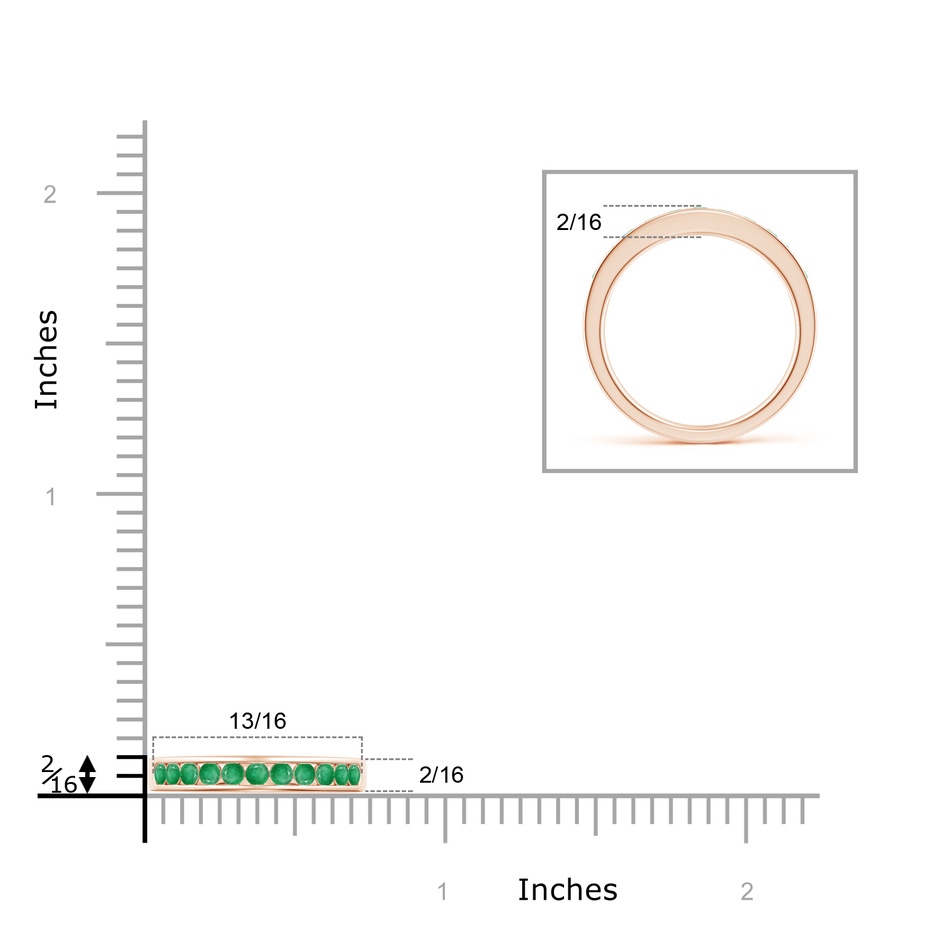 2.1mm A Channel Set Half Eternity Emerald Wedding Band in Rose Gold ruler