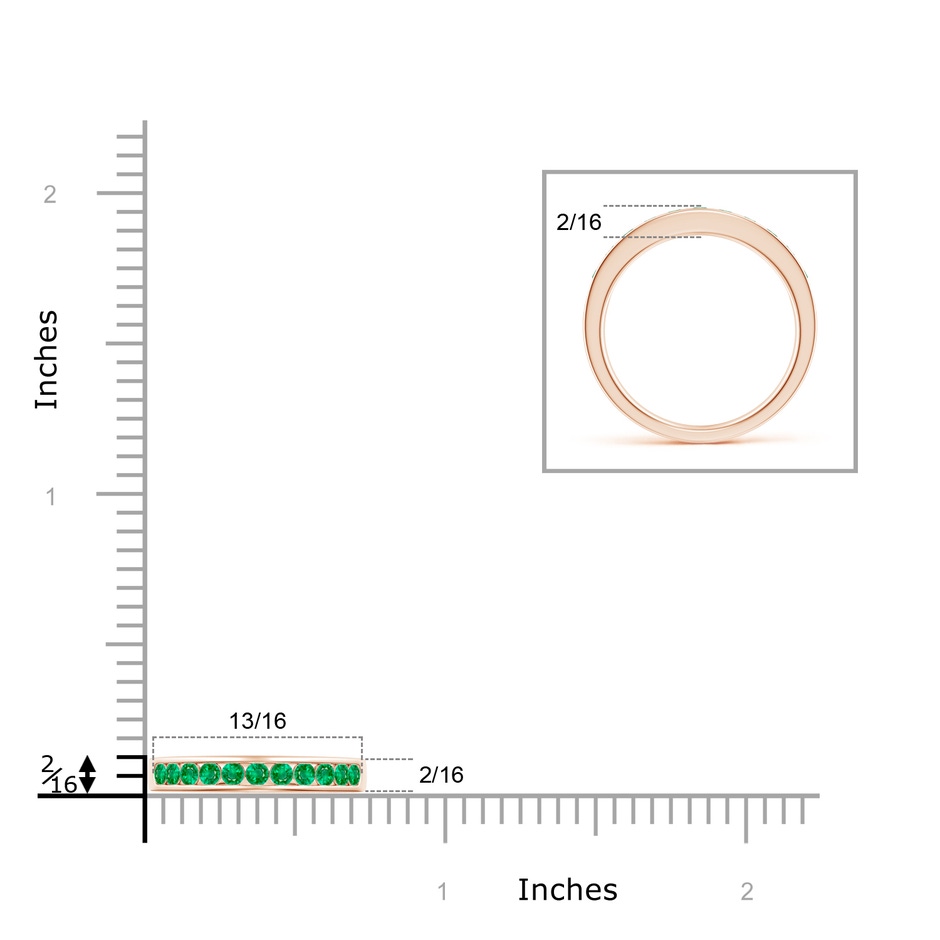 2.1mm AAA Channel Set Half Eternity Emerald Wedding Band in Rose Gold ruler