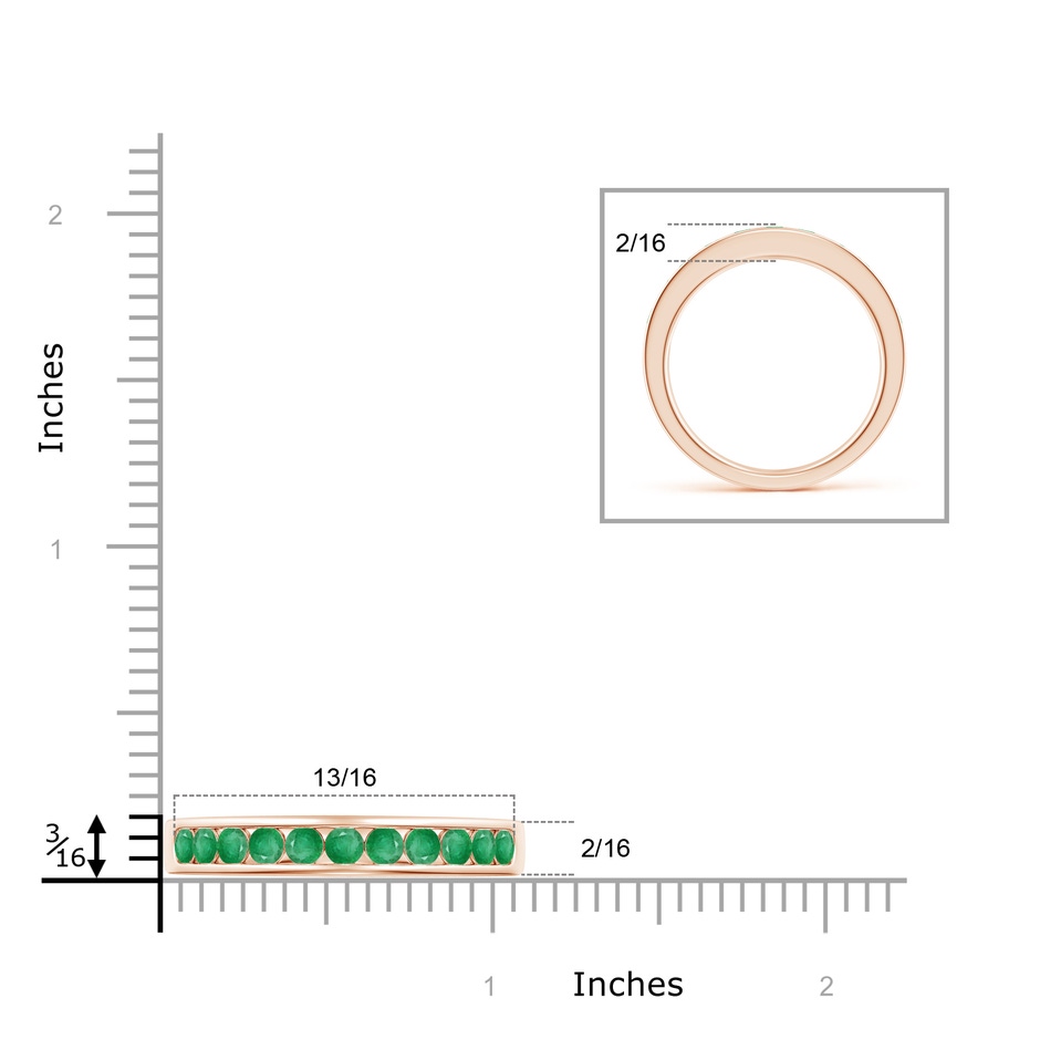 2.5mm A Channel Set Half Eternity Emerald Wedding Band in Rose Gold ruler