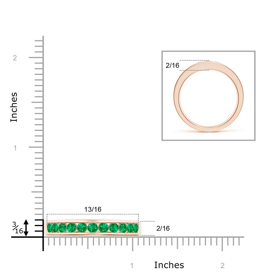 2.5mm AAA Channel Set Half Eternity Emerald Wedding Band in Rose Gold ruler