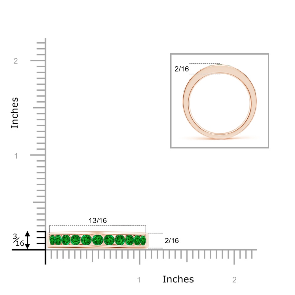 2.5mm AAAA Channel Set Half Eternity Emerald Wedding Band in Rose Gold ruler