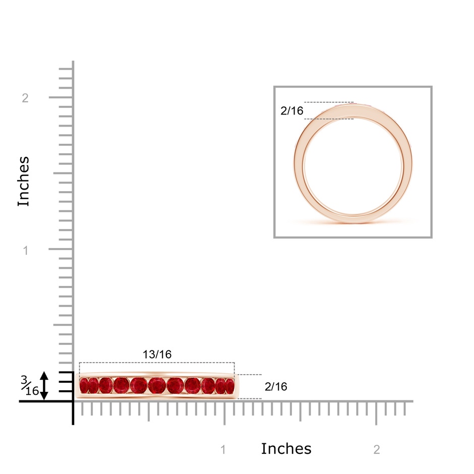 2.5mm AAA Channel Set Half Eternity Ruby Wedding Band in Rose Gold ruler