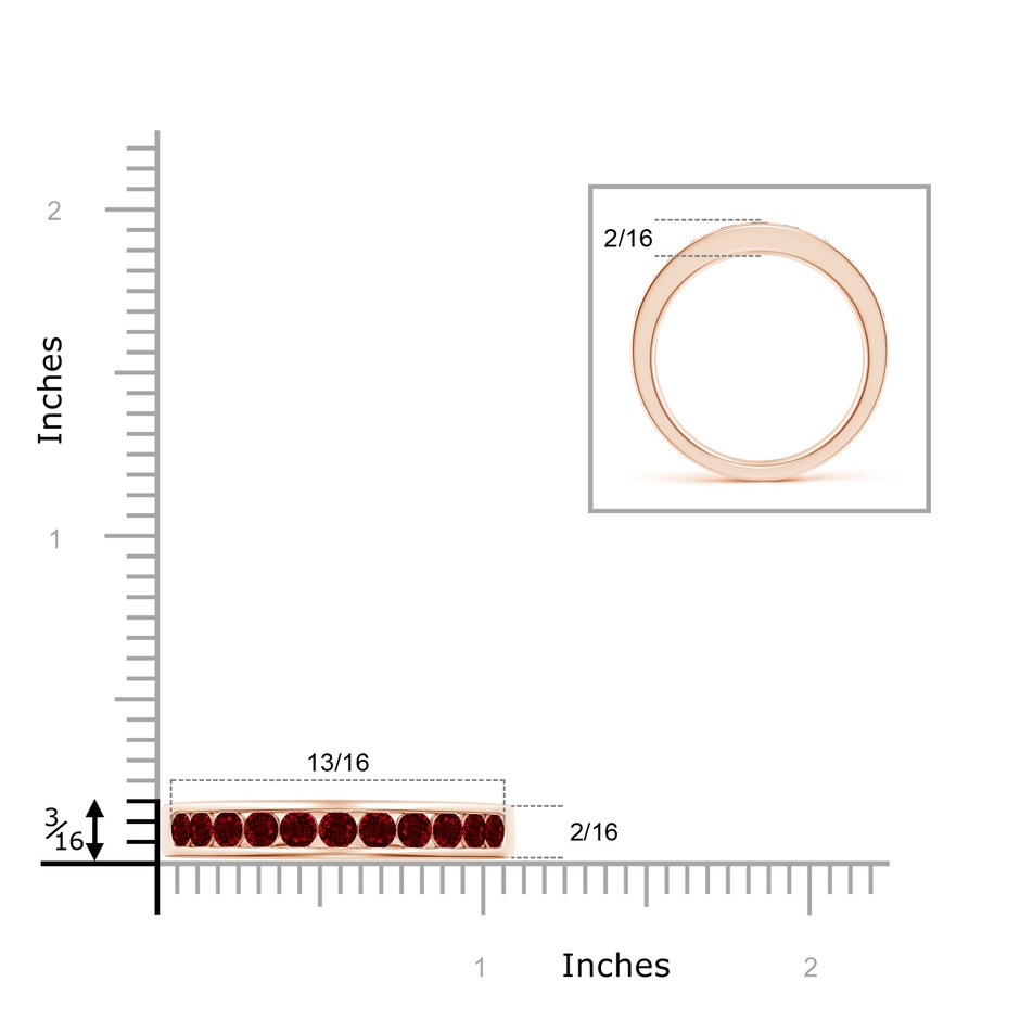 2.5mm AAAA Channel Set Half Eternity Ruby Wedding Band in Rose Gold ruler