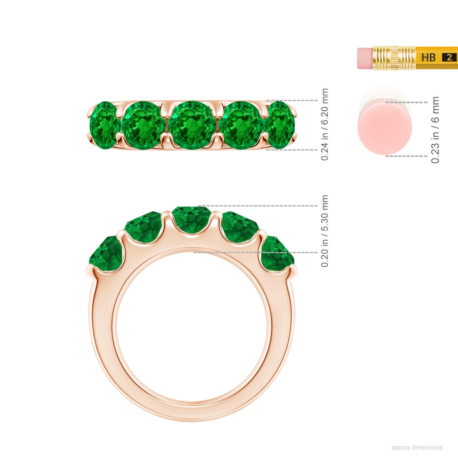 5.5mm AAAA Shared Prong Set Half Eternity Emerald Wedding Band in Rose Gold ruler