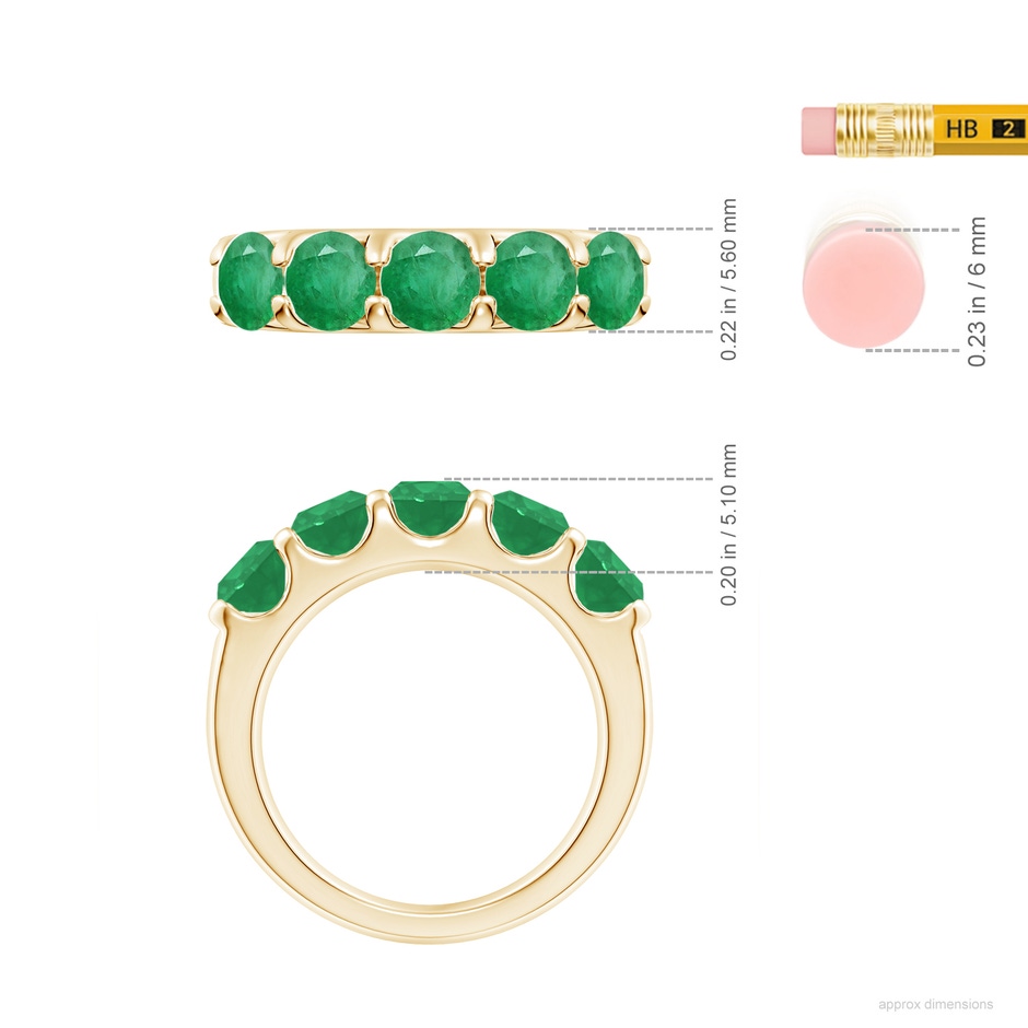 5mm A Shared Prong Set Half Eternity Emerald Wedding Band in Yellow Gold ruler