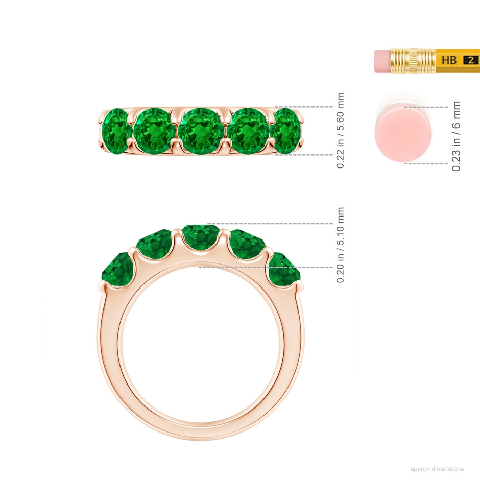 5mm AAAA Shared Prong Set Half Eternity Emerald Wedding Band in Rose Gold ruler