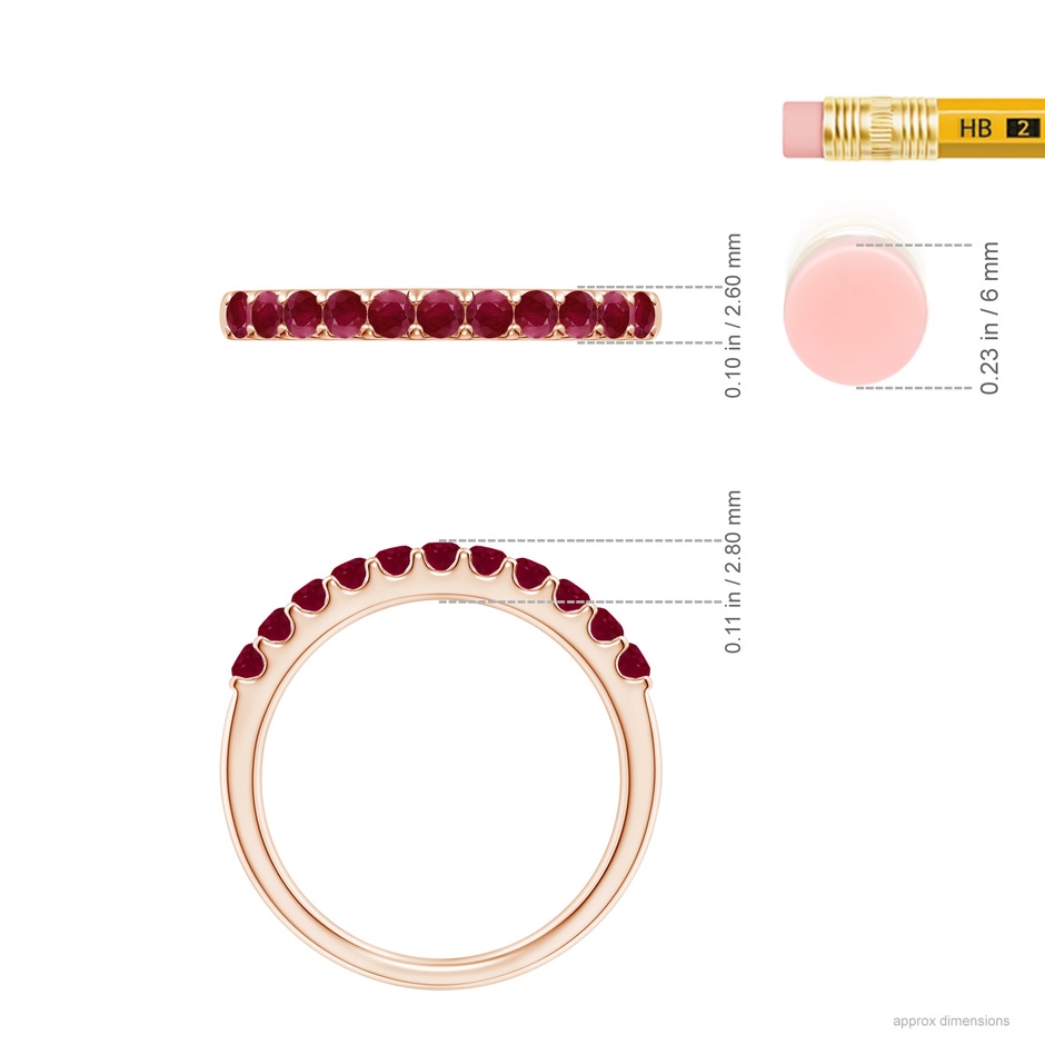 2.1mm A Shared Prong Set Half Eternity Ruby Wedding Band in Rose Gold ruler