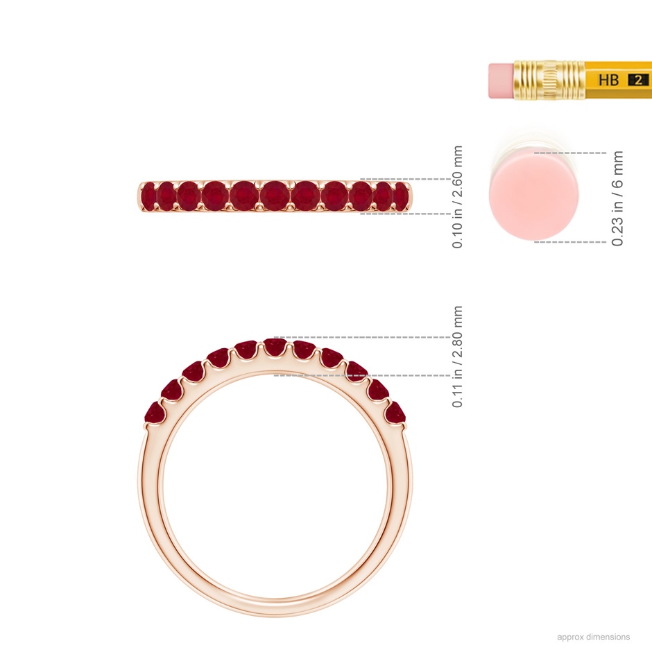 2.1mm AA Shared Prong Set Half Eternity Ruby Wedding Band in Rose Gold ruler