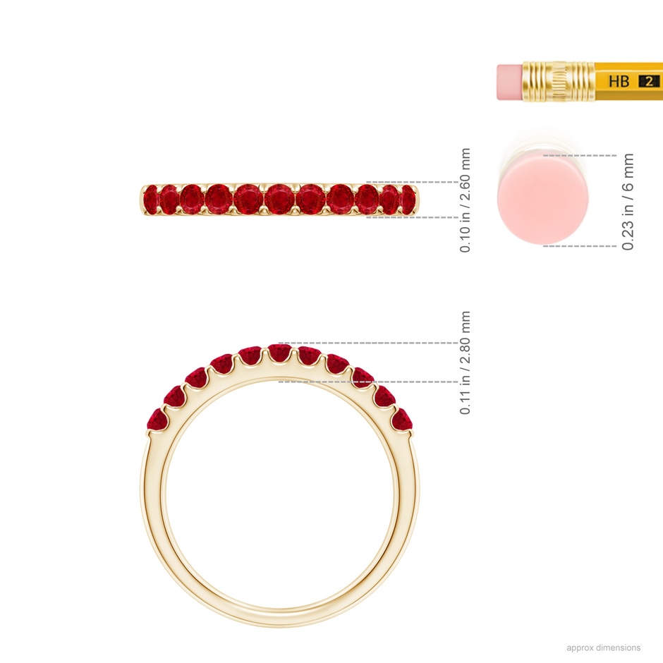 2.1mm AAA Shared Prong Set Half Eternity Ruby Wedding Band in Yellow Gold ruler