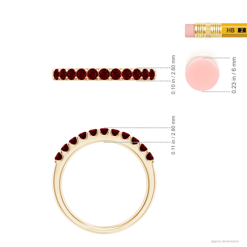 2.1mm AAAA Shared Prong Set Half Eternity Ruby Wedding Band in Yellow Gold ruler