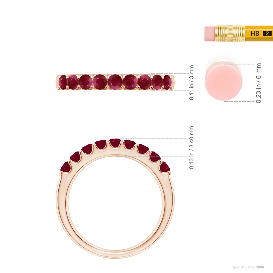 2.5mm A Shared Prong Set Half Eternity Ruby Wedding Band in Rose Gold ruler