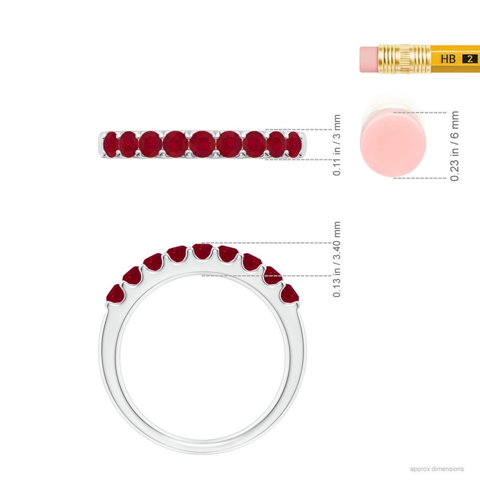 2.5mm AA Shared Prong Set Half Eternity Ruby Wedding Band in P950 Platinum ruler