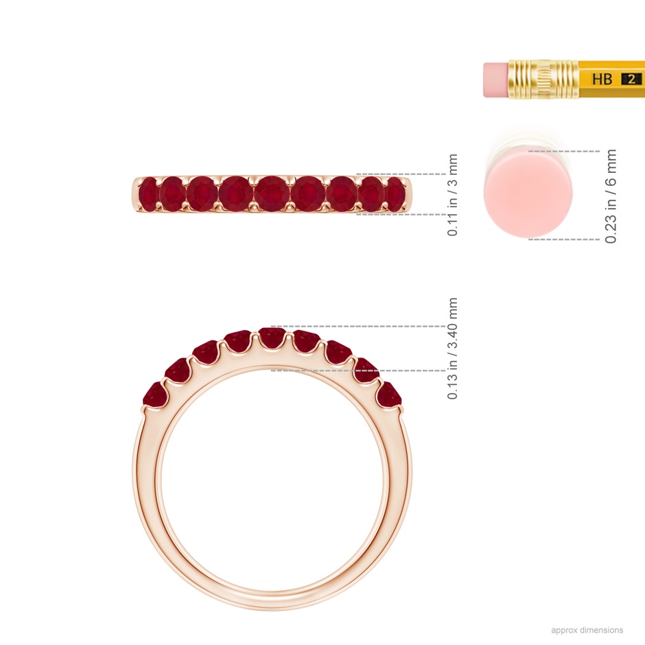 2.5mm AA Shared Prong Set Half Eternity Ruby Wedding Band in Rose Gold ruler