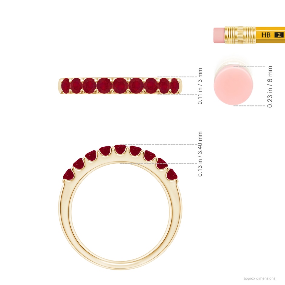 2.5mm AA Shared Prong Set Half Eternity Ruby Wedding Band in Yellow Gold ruler