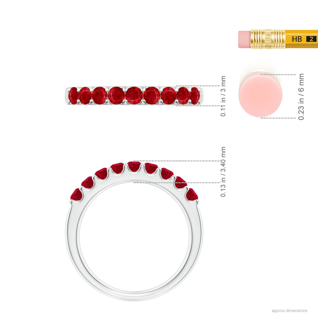 2.5mm AAA Shared Prong Set Half Eternity Ruby Wedding Band in White Gold ruler