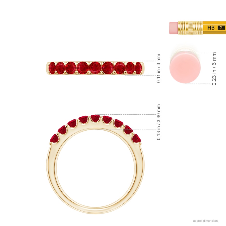 2.5mm AAA Shared Prong Set Half Eternity Ruby Wedding Band in Yellow Gold ruler