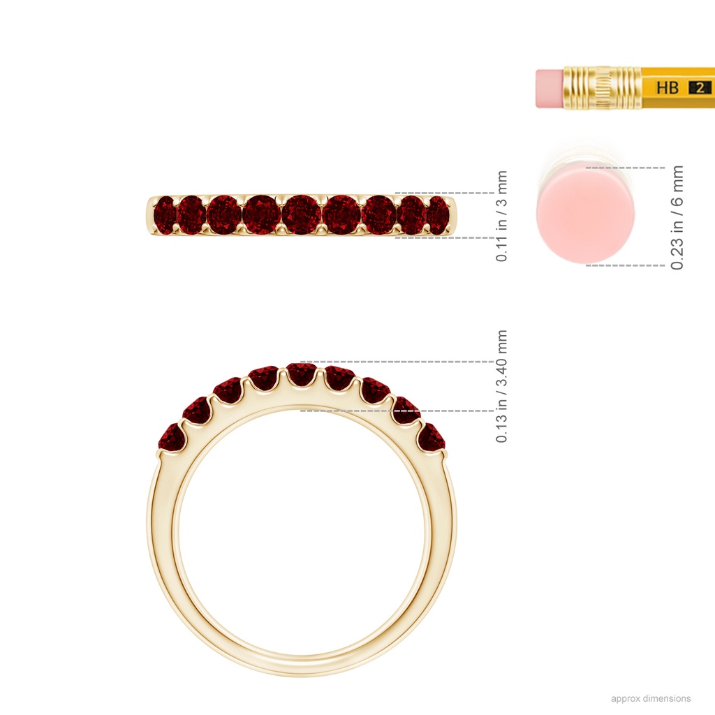 2.5mm AAAA Shared Prong Set Half Eternity Ruby Wedding Band in Yellow Gold ruler