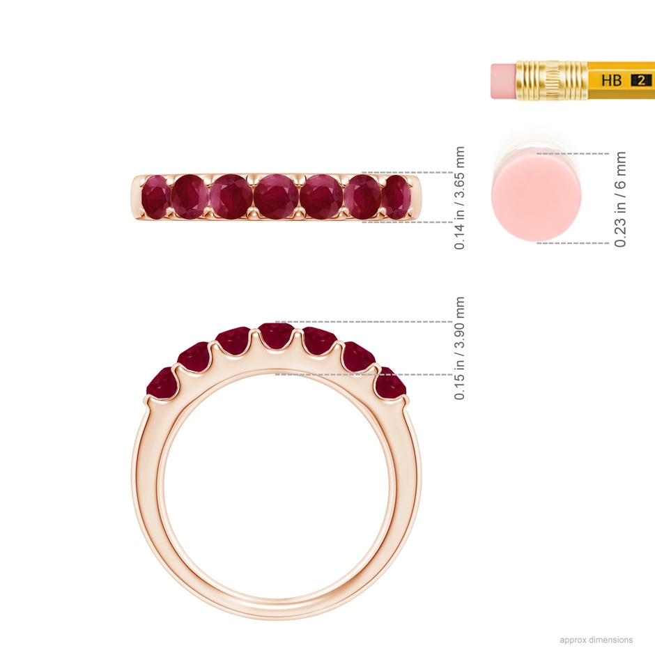 3.1mm A Shared Prong Set Half Eternity Ruby Wedding Band in Rose Gold ruler