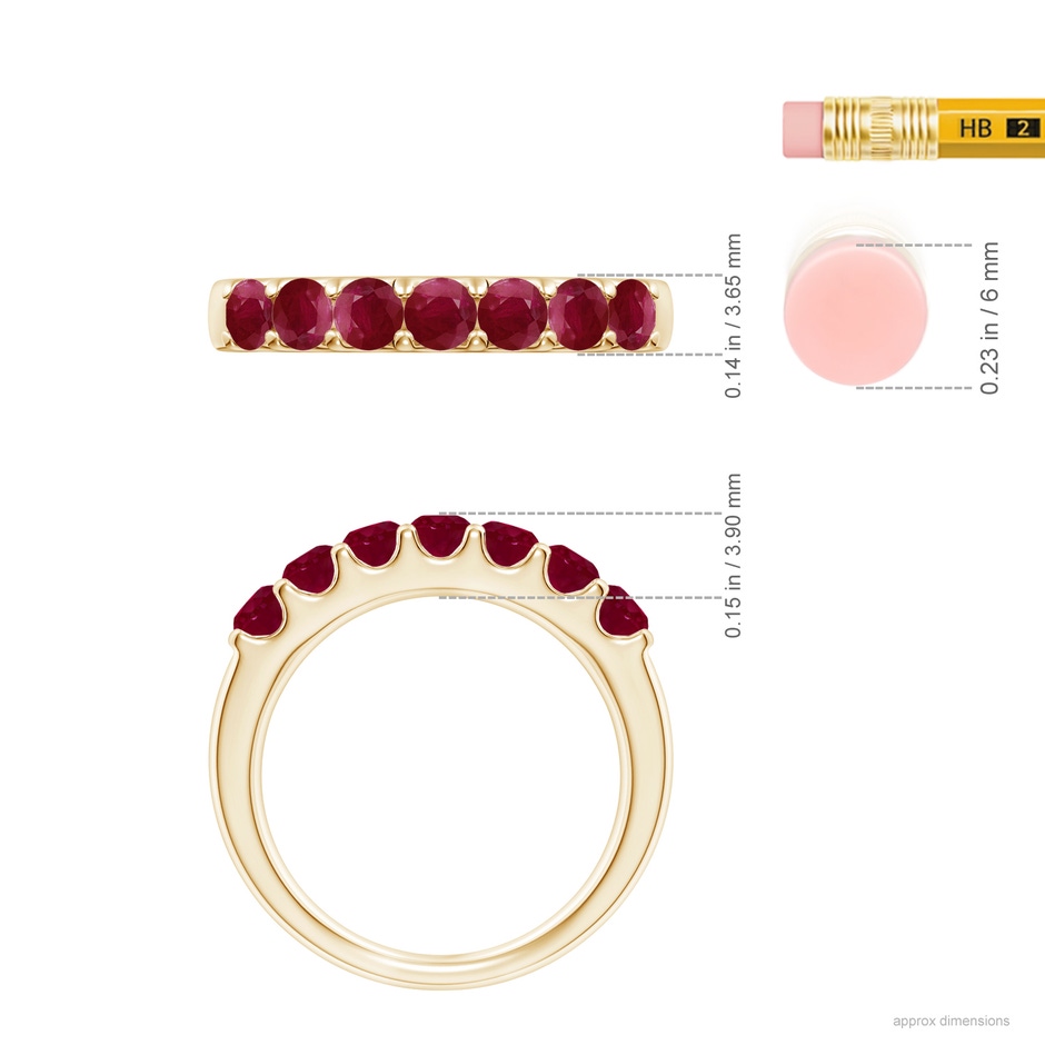 3.1mm A Shared Prong Set Half Eternity Ruby Wedding Band in Yellow Gold ruler