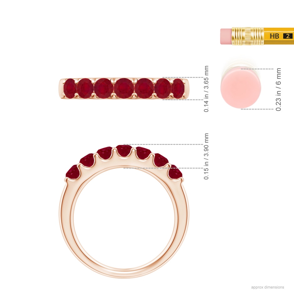 3.1mm AA Shared Prong Set Half Eternity Ruby Wedding Band in Rose Gold ruler