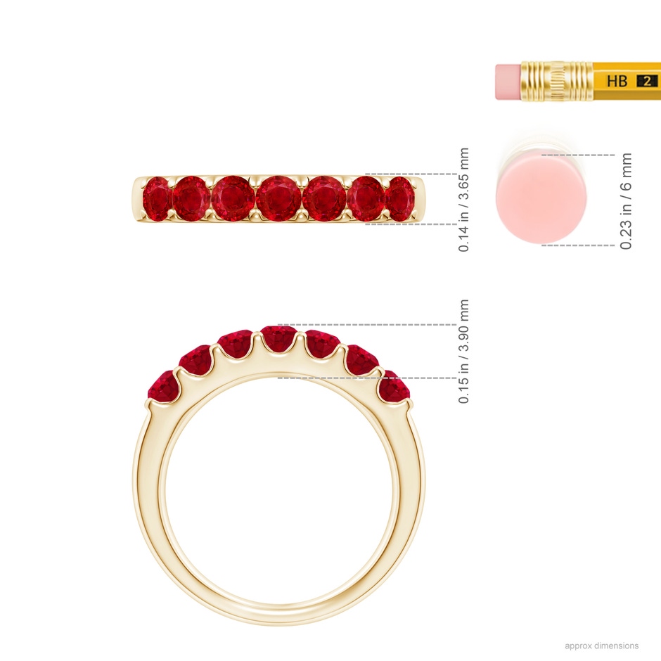 3.1mm AAA Shared Prong Set Half Eternity Ruby Wedding Band in Yellow Gold ruler