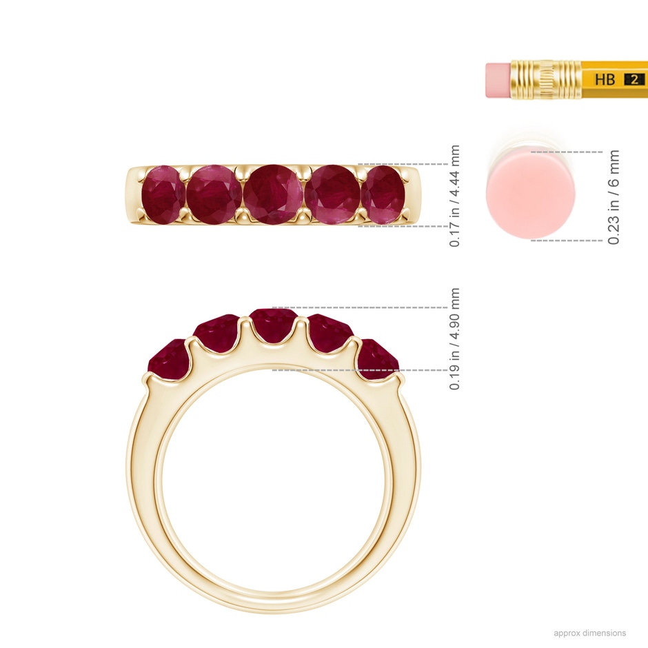 4.2mm A Shared Prong Set Half Eternity Ruby Wedding Band in Yellow Gold ruler