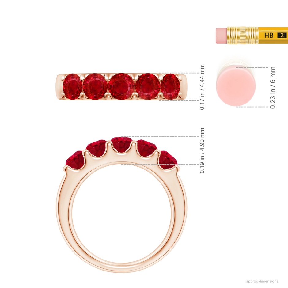 4.2mm AAA Shared Prong Set Half Eternity Ruby Wedding Band in Rose Gold ruler