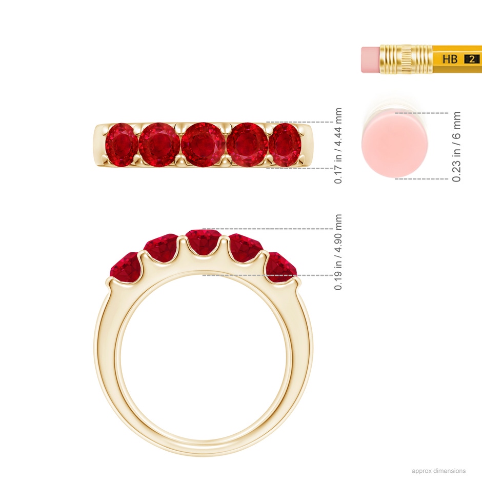 4.2mm AAA Shared Prong Set Half Eternity Ruby Wedding Band in Yellow Gold ruler