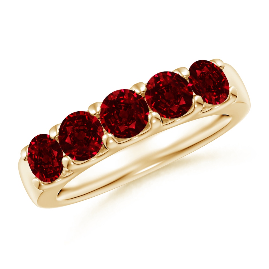 4.2mm AAAA Shared Prong Set Half Eternity Ruby Wedding Band in Yellow Gold 