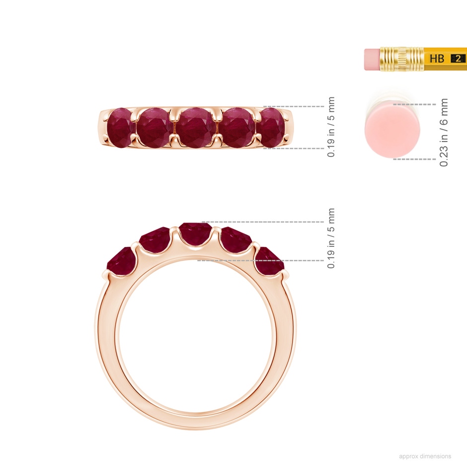4.5mm A Shared Prong Set Half Eternity Ruby Wedding Band in Rose Gold ruler
