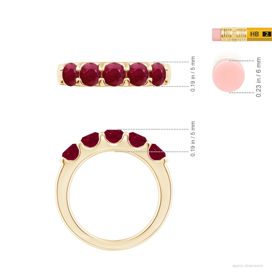 4.5mm A Shared Prong Set Half Eternity Ruby Wedding Band in Yellow Gold ruler