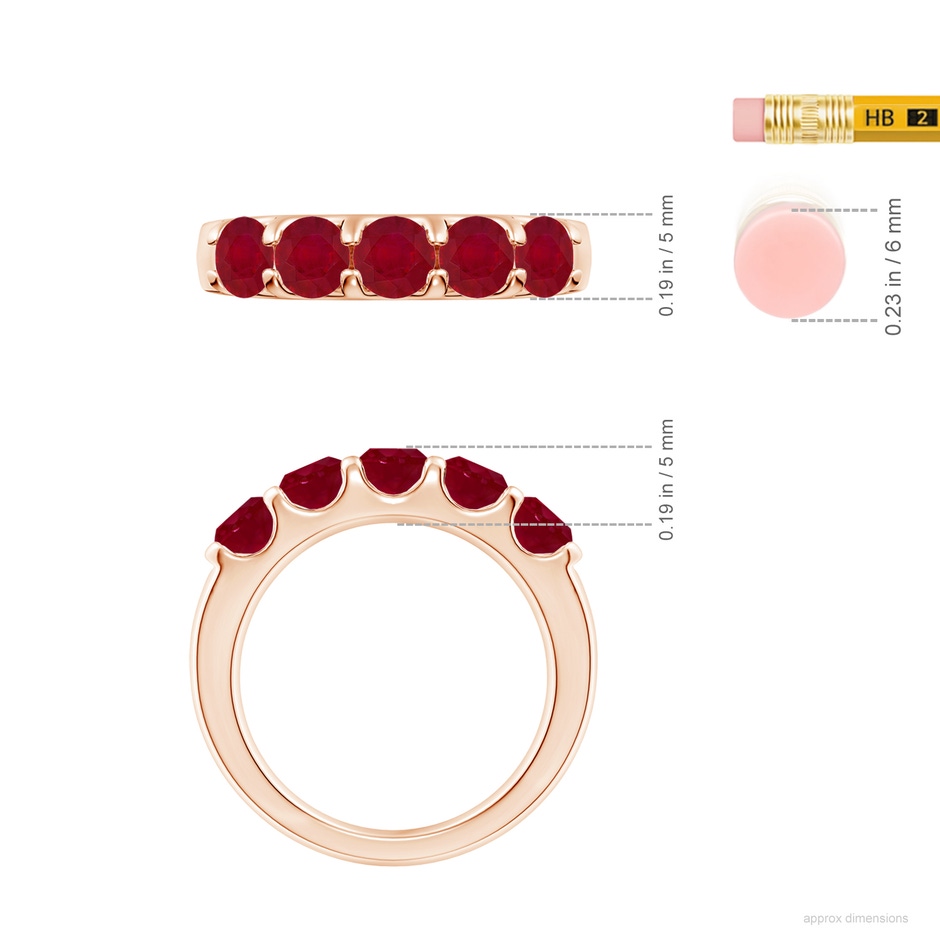 4.5mm AA Shared Prong Set Half Eternity Ruby Wedding Band in Rose Gold ruler