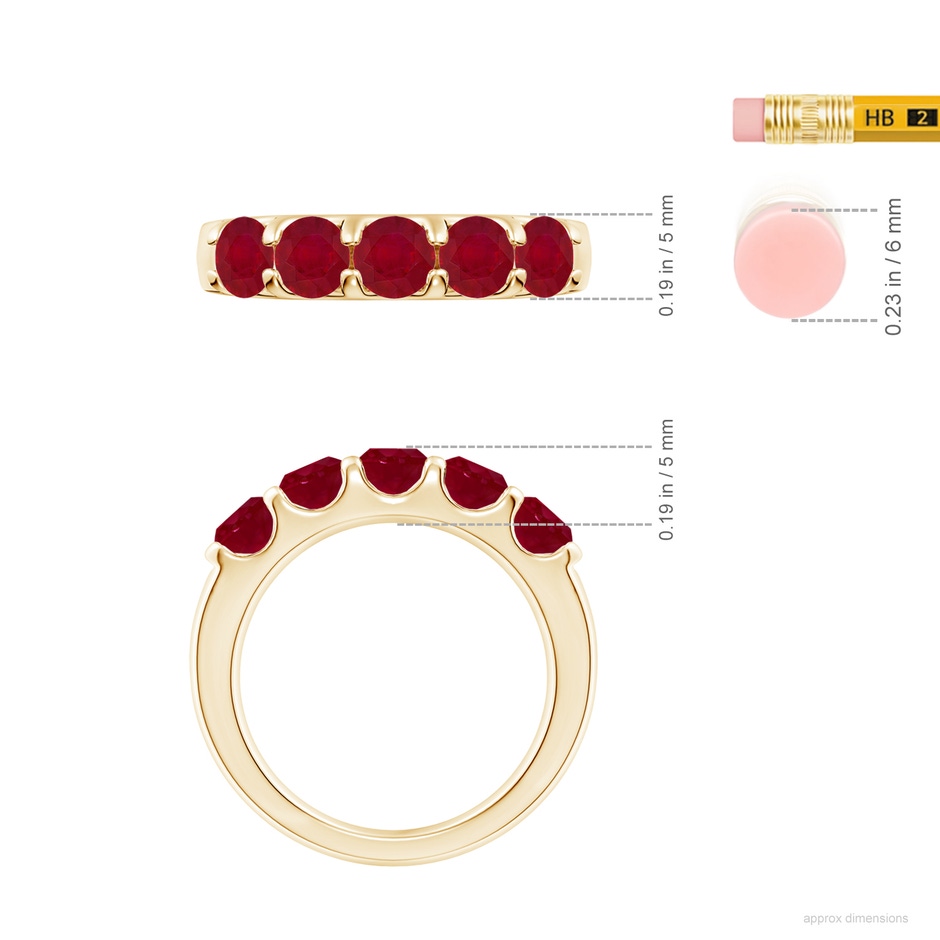 4.5mm AA Shared Prong Set Half Eternity Ruby Wedding Band in Yellow Gold ruler