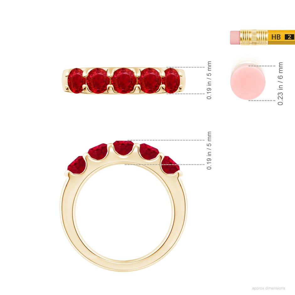 4.5mm AAA Shared Prong Set Half Eternity Ruby Wedding Band in Yellow Gold ruler