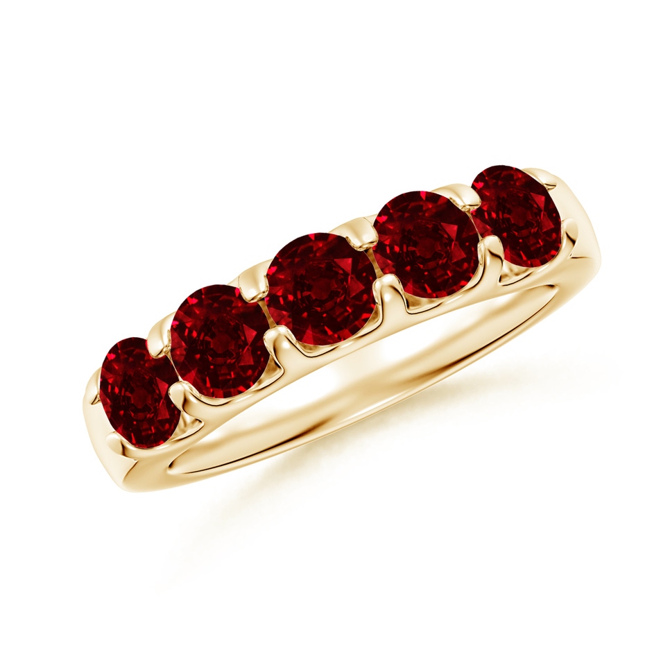 4.5mm AAAA Shared Prong Set Half Eternity Ruby Wedding Band in Yellow Gold 