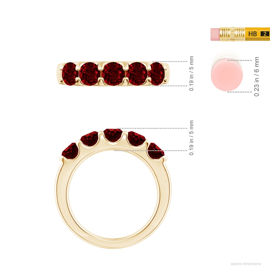 4.5mm AAAA Shared Prong Set Half Eternity Ruby Wedding Band in Yellow Gold ruler