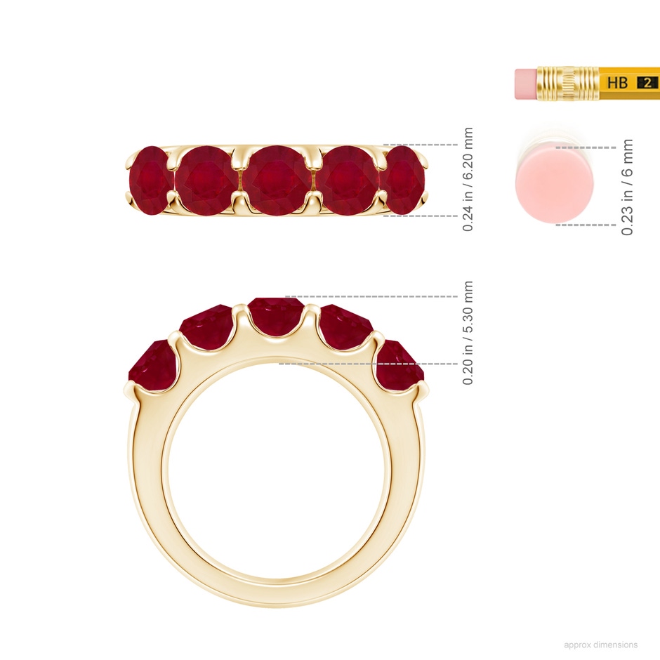 5.5mm AA Shared Prong Set Half Eternity Ruby Wedding Band in Yellow Gold ruler